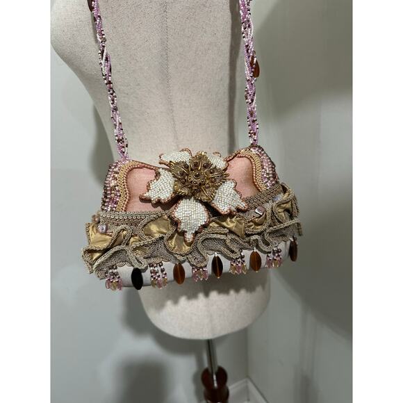Vintage Mary Frances Embellished Floral Beaded Shoulder Bag Blush Fabric - Picture 4 of 13